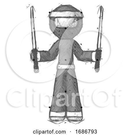 Sketch Ninja Warrior Man Posing with Two Ninja Sword Katanas up by Leo Blanchette