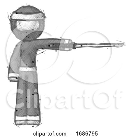 Sketch Ninja Warrior Man Standing with Ninja Sword Katana Pointing Right by Leo Blanchette