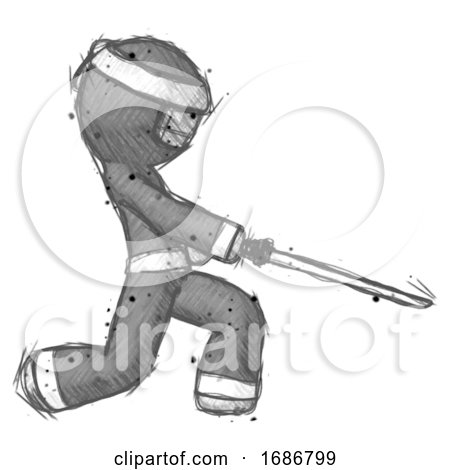 Sketch Ninja Warrior Man with Ninja Sword Katana Slicing or Striking Something by Leo Blanchette