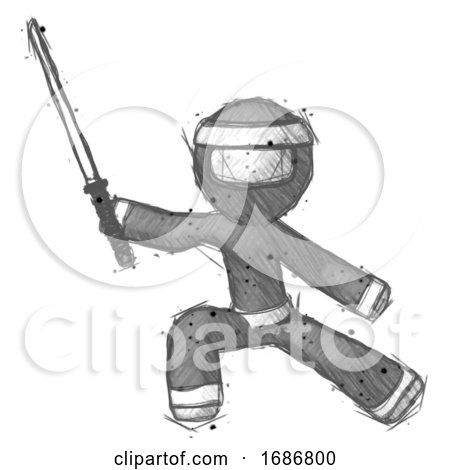 Sketch Ninja Warrior Man with Ninja Sword Katana in Defense Pose by Leo Blanchette