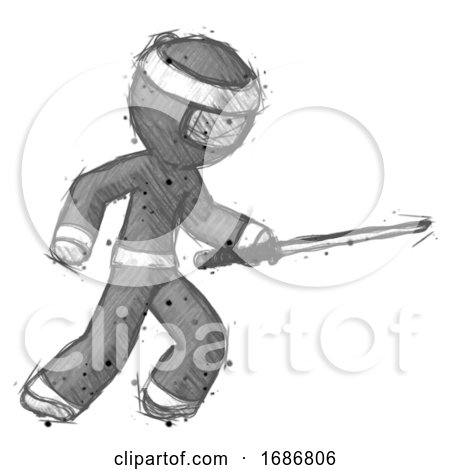 Sketch Ninja Warrior Man Stabbing with Ninja Sword Katana by Leo Blanchette