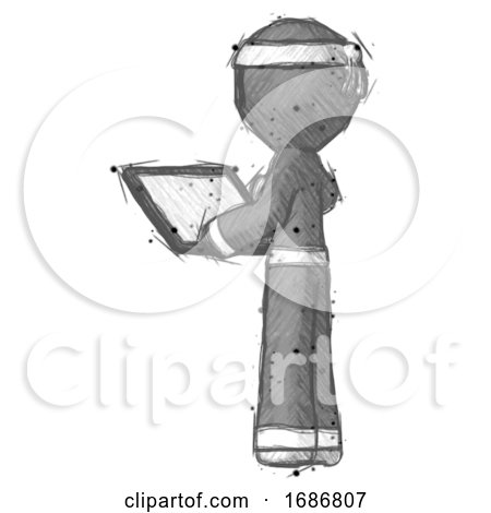 Sketch Ninja Warrior Man Looking at Tablet Device Computer with Back to Viewer by Leo Blanchette
