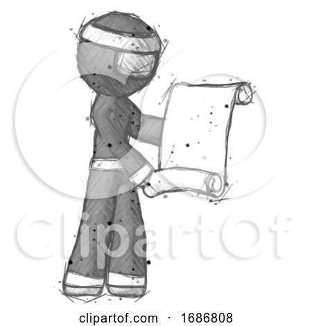 Sketch Ninja Warrior Man Holding Blueprints or Scroll by Leo Blanchette