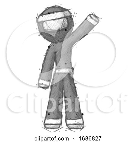 Sketch Ninja Warrior Man Waving Emphatically with Left Arm by Leo Blanchette