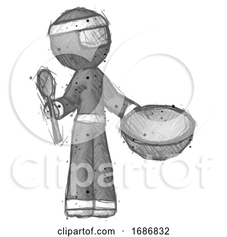 Sketch Ninja Warrior Man with Empty Bowl and Spoon Ready to Make Something by Leo Blanchette