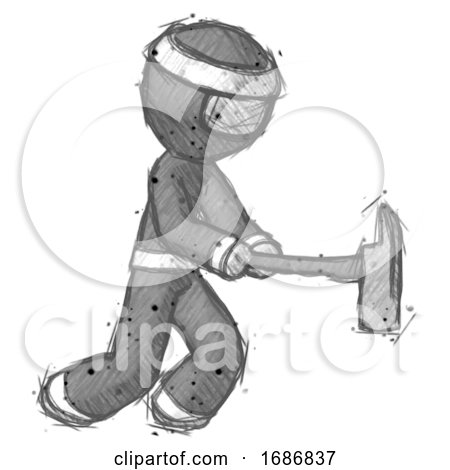 Sketch Ninja Warrior Man with Ax Hitting, Striking, or Chopping by Leo Blanchette