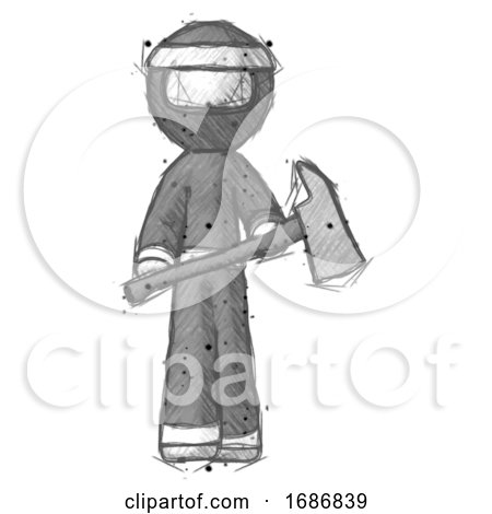 Sketch Ninja Warrior Man Holding Fire Fighter'S Ax by Leo Blanchette