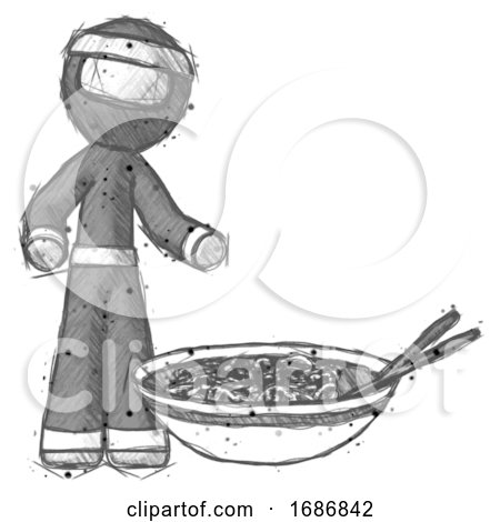 Sketch Ninja Warrior Man and Noodle Bowl, Giant Soup Restaraunt Concept by Leo Blanchette