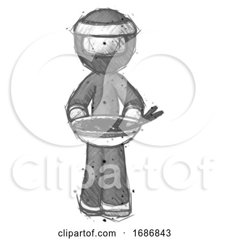 Sketch Ninja Warrior Man Serving or Presenting Noodles by Leo Blanchette