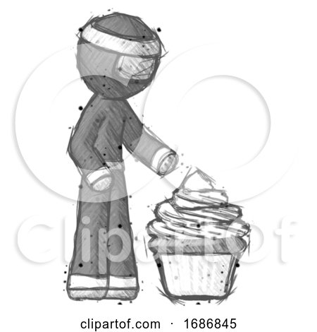 Sketch Ninja Warrior Man with Giant Cupcake Dessert by Leo Blanchette
