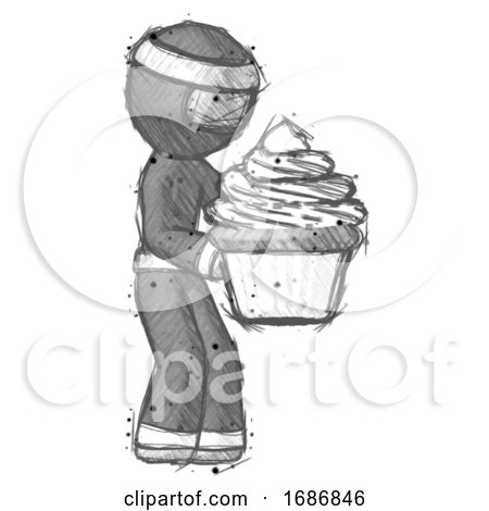 Sketch Ninja Warrior Man Holding Large Cupcake Ready to Eat or Serve by Leo Blanchette