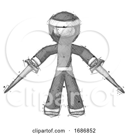 Sketch Ninja Warrior Man Two Sword Defense Pose by Leo Blanchette
