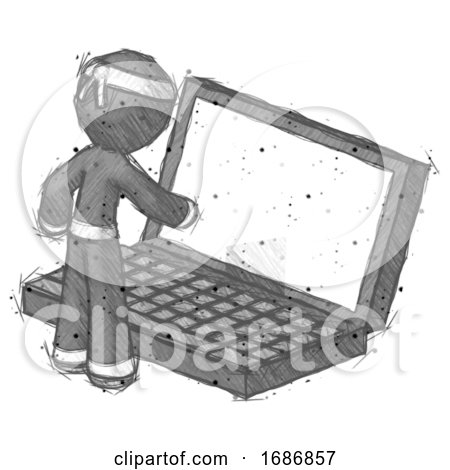 Sketch Ninja Warrior Man Using Large Laptop Computer by Leo Blanchette