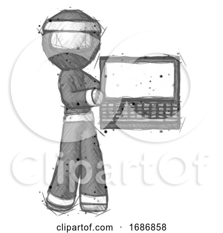 Sketch Ninja Warrior Man Holding Laptop Computer Presenting Something on Screen by Leo Blanchette