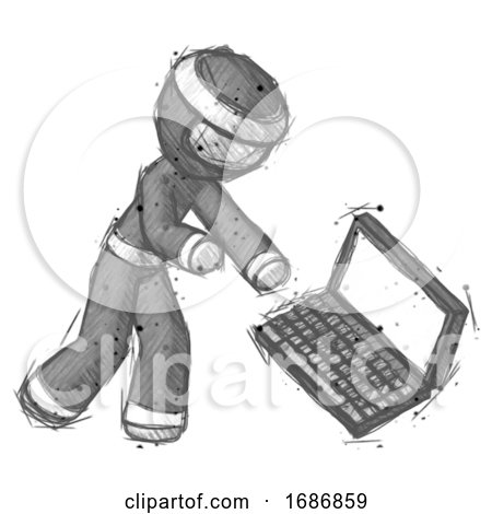 Sketch Ninja Warrior Man Throwing Laptop Computer in Frustration by Leo Blanchette