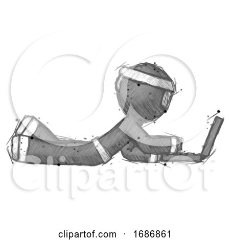 Sketch Ninja Warrior Man Using Laptop Computer While Lying on Floor Side View by Leo Blanchette