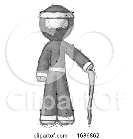 Sketch Ninja Warrior Man Standing with Hiking Stick by Leo Blanchette