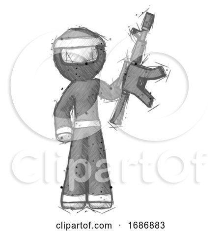 Sketch Ninja Warrior Man Holding Automatic Gun by Leo Blanchette