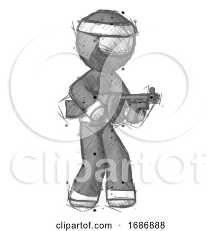 Sketch Ninja Warrior Man Tommy Gun Gangster Shooting Pose by Leo Blanchette