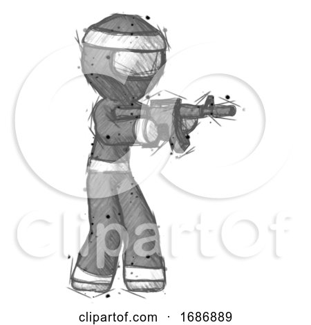 Sketch Ninja Warrior Man Shooting Automatic Assault Weapon by Leo Blanchette