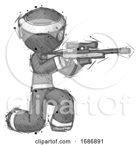 Sketch Ninja Warrior Man Kneeling Shooting Sniper Rifle by Leo Blanchette