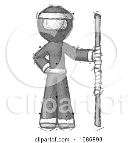 Sketch Ninja Warrior Man Holding Staff or Bo Staff by Leo Blanchette