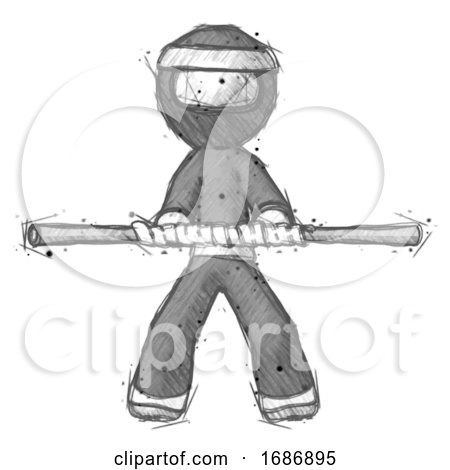 Sketch Ninja Warrior Man Bo Staff Kung Fu Defense Pose by Leo Blanchette