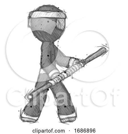 Sketch Ninja Warrior Man Holding Bo Staff in Sideways Defense Pose by Leo Blanchette