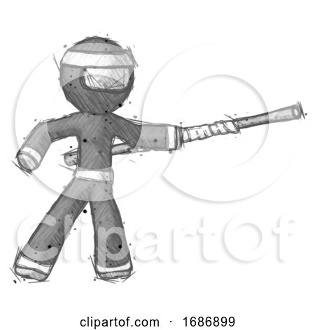 Sketch Ninja Warrior Man Bo Staff Pointing Right Kung Fu Pose by Leo Blanchette