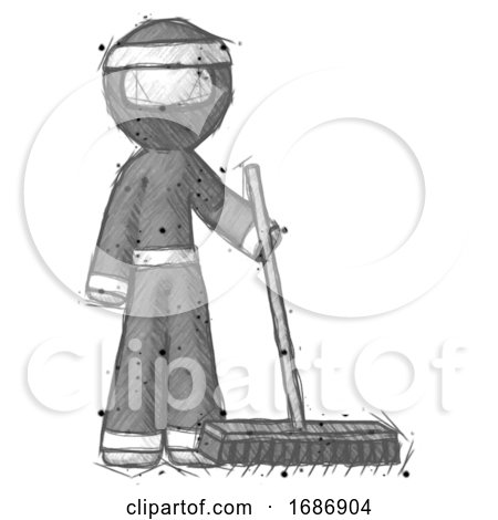 Sketch Ninja Warrior Man Standing with Industrial Broom by Leo Blanchette