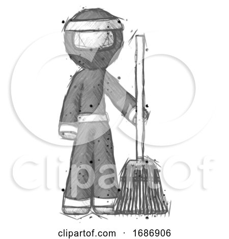 Sketch Ninja Warrior Man Standing with Broom Cleaning Services by Leo Blanchette