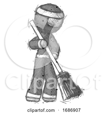 Sketch Ninja Warrior Man Sweeping Area with Broom by Leo Blanchette