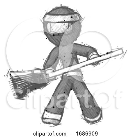 Sketch Ninja Warrior Man Broom Fighter Defense Pose by Leo Blanchette