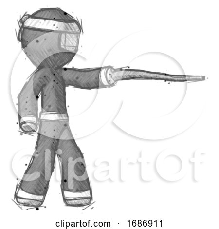 Sketch Ninja Warrior Man Pointing with Hiking Stick by Leo Blanchette