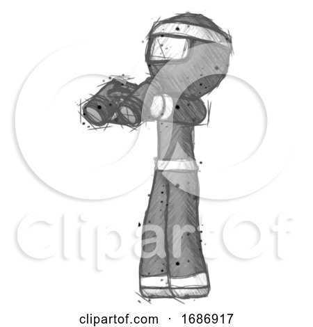 Sketch Ninja Warrior Man Holding Binoculars Ready to Look Left by Leo Blanchette