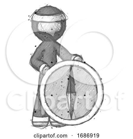 Sketch Ninja Warrior Man Standing Beside Large Compass by Leo Blanchette