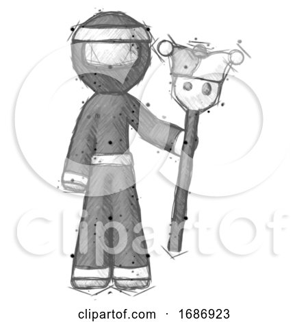 Sketch Ninja Warrior Man Holding Jester Staff by Leo Blanchette