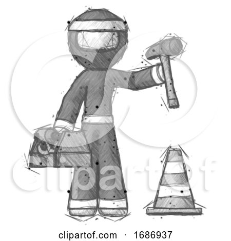 Sketch Ninja Warrior Man Under Construction Concept, Traffic Cone and Tools by Leo Blanchette