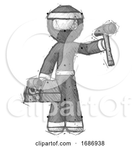 Sketch Ninja Warrior Man Holding Tools and Toolchest Ready to Work by Leo Blanchette