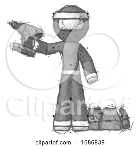 Sketch Ninja Warrior Man Holding Drill Ready to Work, Toolchest and Tools to Right by Leo Blanchette