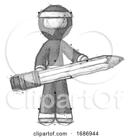 Sketch Ninja Warrior Man Writer or Blogger Holding Large Pencil by Leo Blanchette