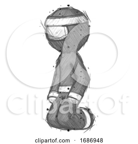 Sketch Ninja Warrior Man Kneeling Angle View Left by Leo Blanchette
