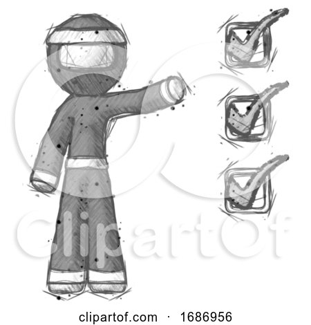 Sketch Ninja Warrior Man Standing by List of Checkmarks by Leo Blanchette