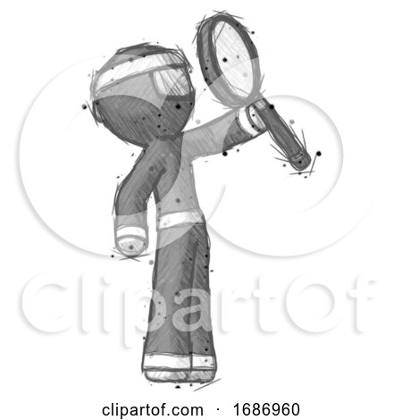 Sketch Ninja Warrior Man Inspecting with Large Magnifying Glass Facing up by Leo Blanchette