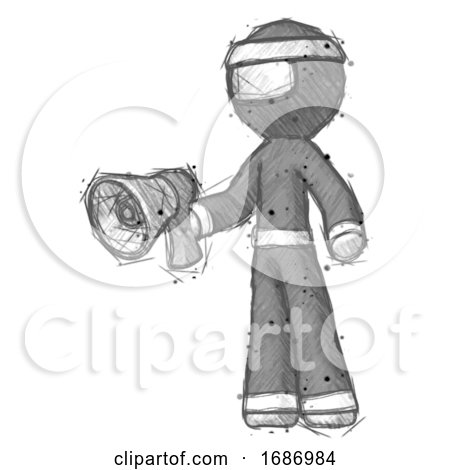Sketch Ninja Warrior Man Holding Megaphone Bullhorn Facing Right by Leo Blanchette