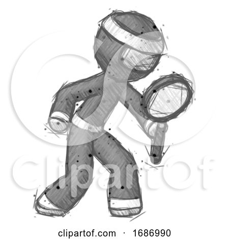 Sketch Ninja Warrior Man Inspecting with Large Magnifying Glass Right by Leo Blanchette