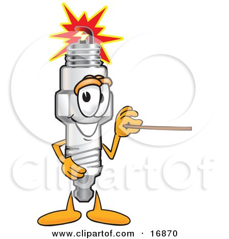 Clipart Picture of a Spark Plug Mascot Cartoon Character Using a Pointer Stick to Point to the Right by Mascot Junction