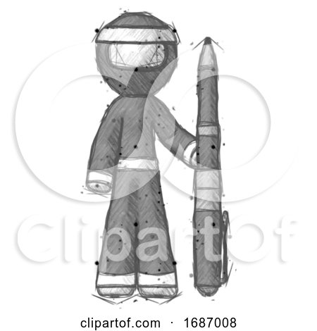 Sketch Ninja Warrior Man Holding Large Pen by Leo Blanchette