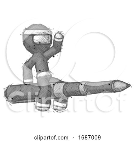 Sketch Ninja Warrior Man Riding a Pen like a Giant Rocket by Leo Blanchette