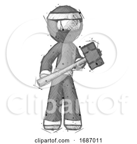Sketch Ninja Warrior Man with Sledgehammer Standing Ready to Work or Defend by Leo Blanchette